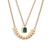 Square Pearl Grandmother Green Water Diamond Pendant Double Layer Necklace - Gold