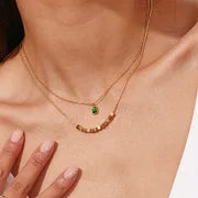 Square Pearl Grandmother Green Water Diamond Pendant Double Layer Necklace - Gold