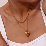 Double layered Peach Heart Pendant Necklace - Gold